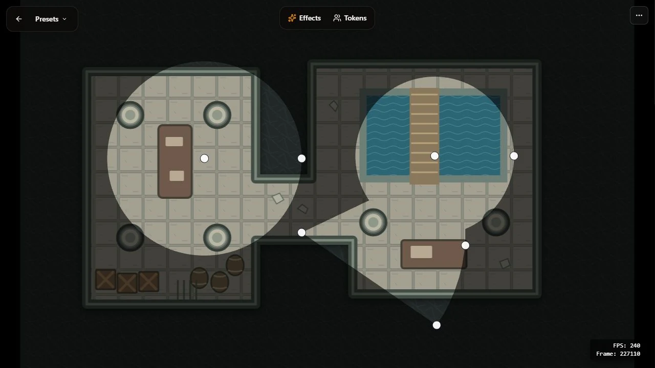 Lighting VTT displaying a sample dungeon map with circular and directional lights revealing areas through the fog of war.